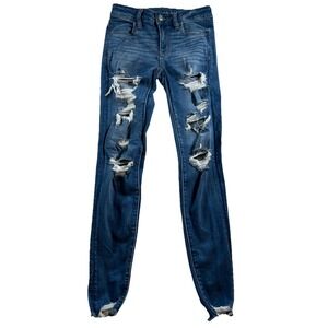 American‎ Eagle Jeans Womens 2 Blue Hi Rise Jegging Distressed Denim Cotton